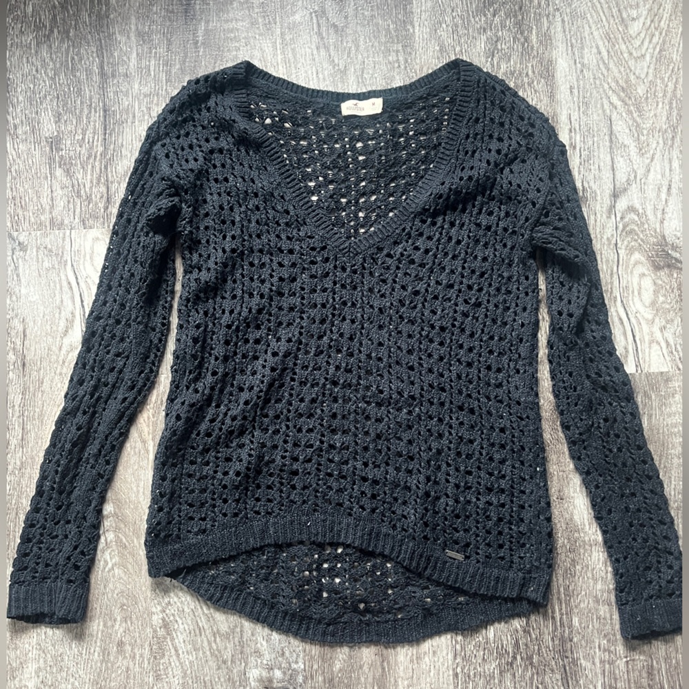Hollister Navy V-Neck Sweater with Open Weave